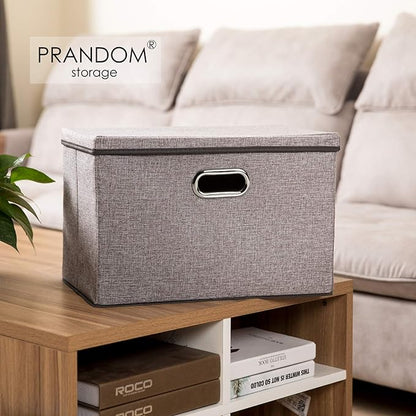 PRANDOM Large Foldable Storage Bin with Lid [1-Pack] Linen Fabric Decorative Storage Box Organizer Containers Basket Cube with Handles Divider for Bedroom Closet Office Living Room (17.7x11.8x11.8)