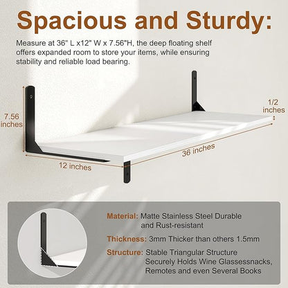 36 Inch White Floating Shelves Wall Mounted, 12 Inch Deep Wall Shelves with Visible Brackets, Deep Bookshelf for Home, Rustic Bathroom Shelf, Deep Shelves for Plant, Books, Set of 2