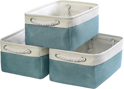 TheWarmHome Fabric Storage Bins Baskets for Organizing,Sturdy Storage Basket W/Handles, Decorative Foldable Storage Baskets for Shelves Closet Nursery Toy (White&Teal, Medium - 3 Pack)