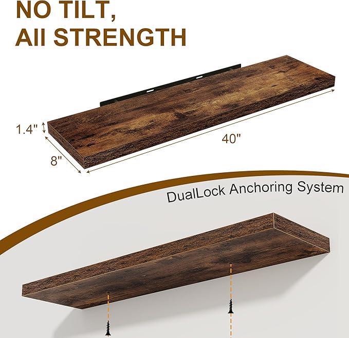 40 Inch Floating Shelves Set of 2, 8 Inch Deep Wall Shelf, Rustic Wood Storage Shelves for Bedroom, Kitchen, Bathroom, Wall-Mounted Shelf with Invisible Brackets for Books|Storage, Rustic Brown