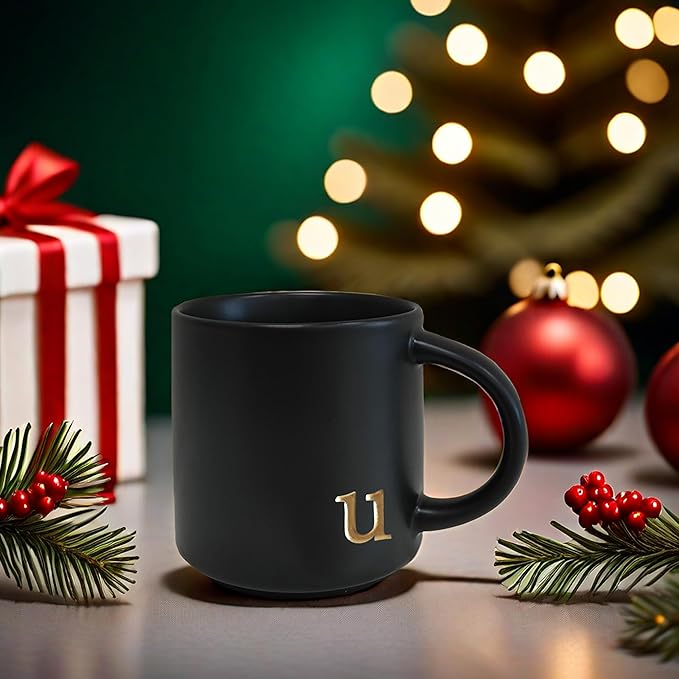 COLLECTIVE HOME - Black Monogram Ceramic Mugs, 15 oz Golden Initial Coffee Cups, Elegant Alphabet Tea Mugs, Personalized Halloween Mug with Gift Box, Perfect for Office and Home Décor (u)