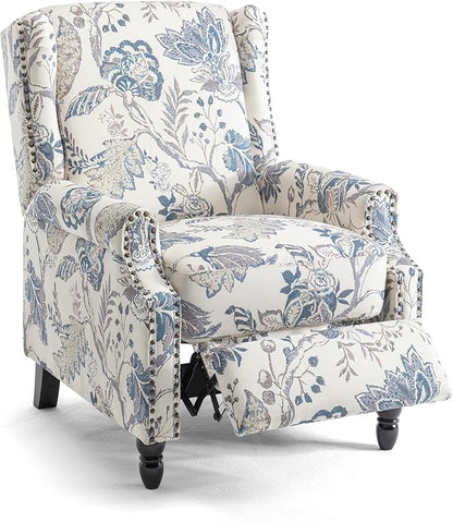 UIXE Pushback Recliner Chair, Push Back Accent Chair Fabric Upholstered Armchair for Living Room, Rivet Trim Home Theater Single Sofa Bedroom Reading Seat - Blue Plants