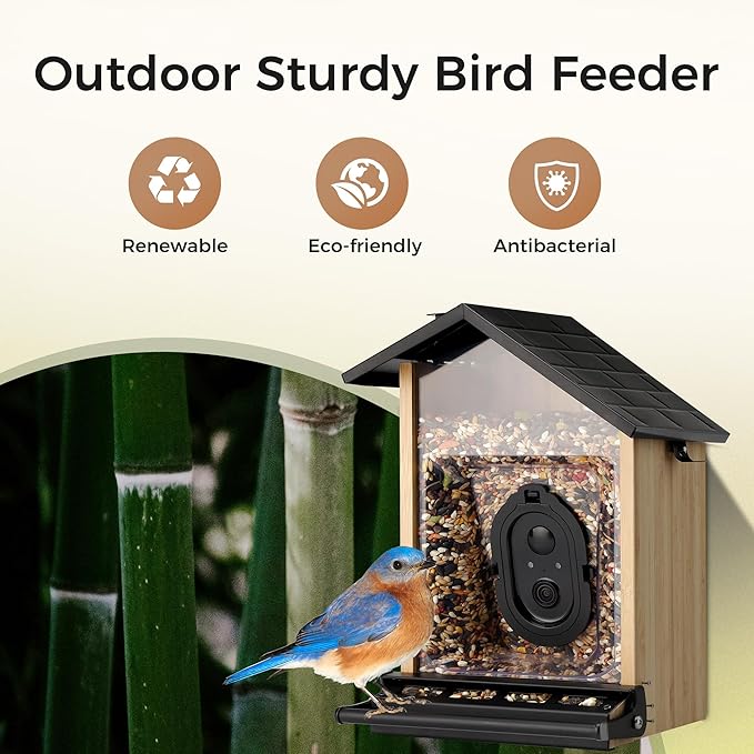 TT Nature Smart Squirrel-Proof Bird Feeder with Camera 2K, Solar Powered, AI Bird Species Recognition, Instant Notification, CCPA Data Security, Bamboo 3.2L Large Capacity, Ideal Gift