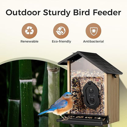 TT Nature Smart Squirrel-Proof Bird Feeder with Camera 2K, Solar Powered, AI Bird Species Recognition, Instant Notification, CCPA Data Security, Bamboo 3.2L Large Capacity, Ideal Gift