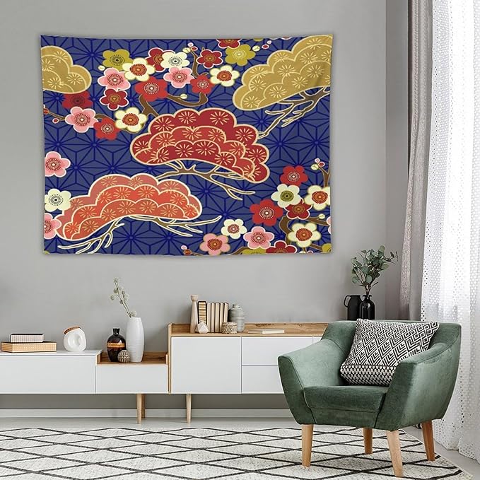 HZOHNAGO Japanese Tapestry Art Abstract Colorful Cherry Blossom Blue Background Pattern Printed Wall Tapestry Painting Wall Hanging for Bedroom Living Room Dorm 80" W x 60" H