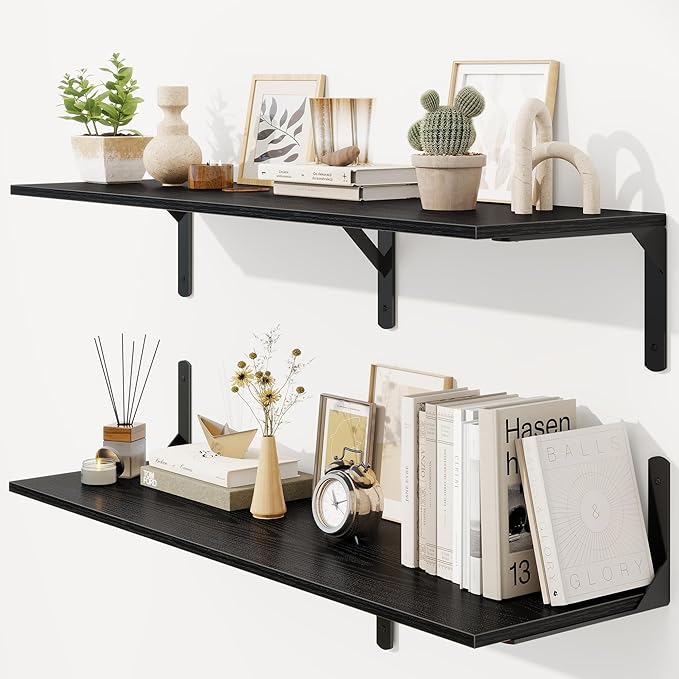 Black Floating Shelves 40"W x 12"D, Deep Wall Shelves with Brackets for Books, Plant, 12 Inch Deep Bathroom Shelf Set of 2, Large Floating Shelf for Living Room, Bedroom, Kitchen, Set of 2