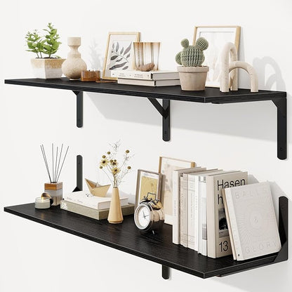 Black Floating Shelves 40"W x 12"D, Deep Wall Shelves with Brackets for Books, Plant, 12 Inch Deep Bathroom Shelf Set of 2, Large Floating Shelf for Living Room, Bedroom, Kitchen, Set of 2