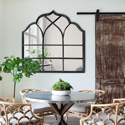 Window Mirror Pane, Black Metal Frame, Cathedral Arched Wall Mirrors Decorative Over Fireplace Mantel, Farmhouse Decorations for Dining Living Room Hallway Entryway