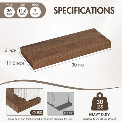 30 Inch Floating Shelves, 12" Deep Floating Shelf Wall Mounted, 30" Wall Shelves, Rustic Deep Bookshelf, Extra Deeper & Thicker Display Shelves for Bedroom, Living Room, Walnut, Set of 2