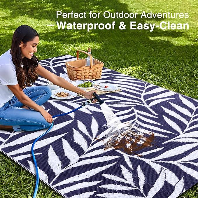 OLANLY Waterproof Outdoor Rug 5x8 ft, Reversible Outdoor Plastic Straw Rug with Leaf Pattern, RV Mat, Indoor Outdoor Carpet for Patio, Camping, Balcony, Deck, Backyard, Navy & White