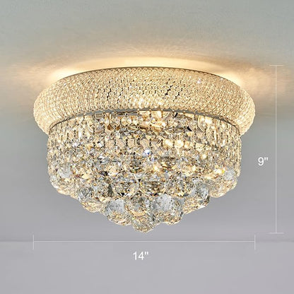 Crystal Flush Mount Chandelier Ceiling Light Fixture for Living Room Dining Room Bedroom Foyer Entryway Hallway Closet Bathroom (Chrome, 9" H x14 D)