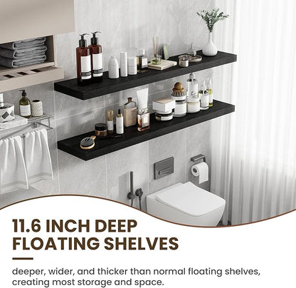 55 Inch Floating Shelves, 12 Inch Deep Floating Shelves for Wall, Floating Shelf with Invisible Brackets, Deep Shelves for Bathroom, Bedroom, Living Room, 1 Pack, Black