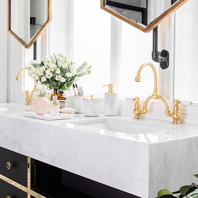 Bathroom Soap Dispenser Set - Bathroom Toothbrush Holder Set, Marble, Gold, Farmhouse Bathroom Decor, 5 Piece Bathroom Accessories Set