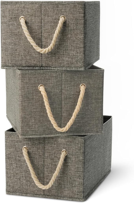 Amazon Basics Foldable Storage Bins with Rope Handles, Charcoal, Large, Pack of 3