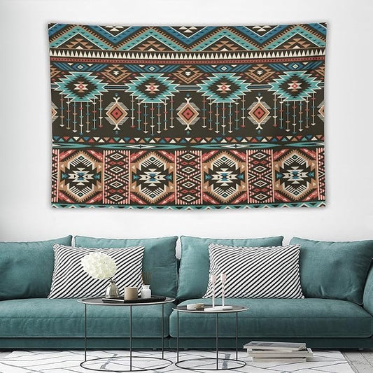 HZOHNAGO Aztec Tapestry Turquoise Blue and Brown and Native American Tribal Pattern Printed Wall Tapestry Wall Hanging for Bedroom Living Room Dorm 60" W x 40" H