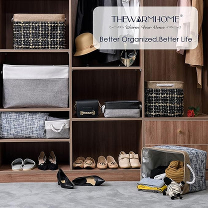 TheWarmHome Small Storage Baskets for Organizing,Storage Baskets for Shelves,Small Fabric Storage Bins W/Handles For Closet Nursery Toy Decorative Foldable (White&Grey, 11.8L*7.9W*5.2H-6 Pack)