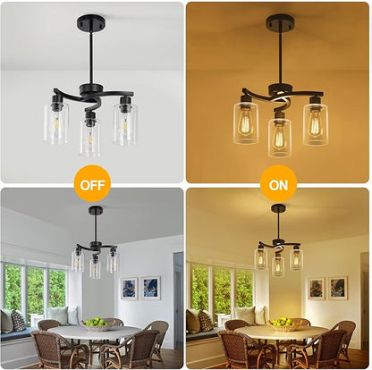 3-Light Modern Farmhouse Black Pendant Lights Kitchen Island, Adjustable Height Contemporary Chandeliers for Dining Room Light Fixture Hanging, Clear Glass Shade