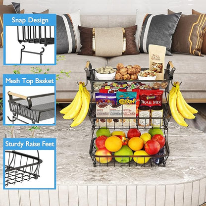 ANTOPY 3 Tier Fruit Basket with 2 Banana Hangers, Countertop Fruit Vegetable Basket Bowl for Kitchen Counter Metal Mesh Basket Fruits Stand Produce Holder Organizer for Onion Potato Bread Snack Veggie