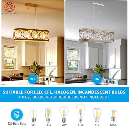 XINGQI Kitchen Island Chandelier for Dining Room Modern Farmhouse Rectangle Pendant Lighting Fixture Vintage Linear Hanging 4-Light Rustic Living Room, Antique Brushed Nickel and Wood Grain Finish