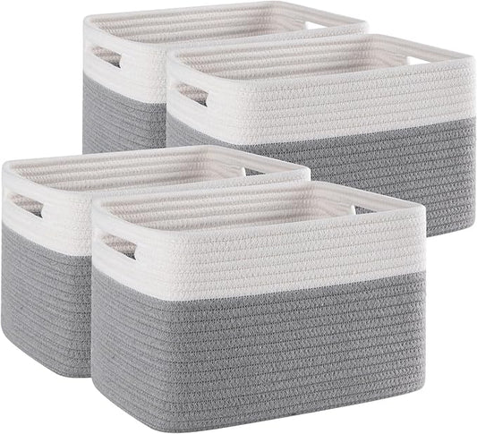 4 Pack Storage Baskets for Organizing, Woven Baskets for Shelves - Perfect for Toys, Books, Towels, and Clothes, Durable Gift Basket Bins Toy Storage, 12.7''L x9''W x7.8''H, Grey and White