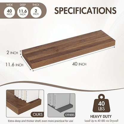 40 Inch Floating Shelves, 12" Deep Floating Shelf Wall Mounted, 40" Wall Shelves, Rustic Deep Bookshelf, Extra Deeper & Thicker Display Shelves for Bedroom, Living Room, Walnut, Set of 2