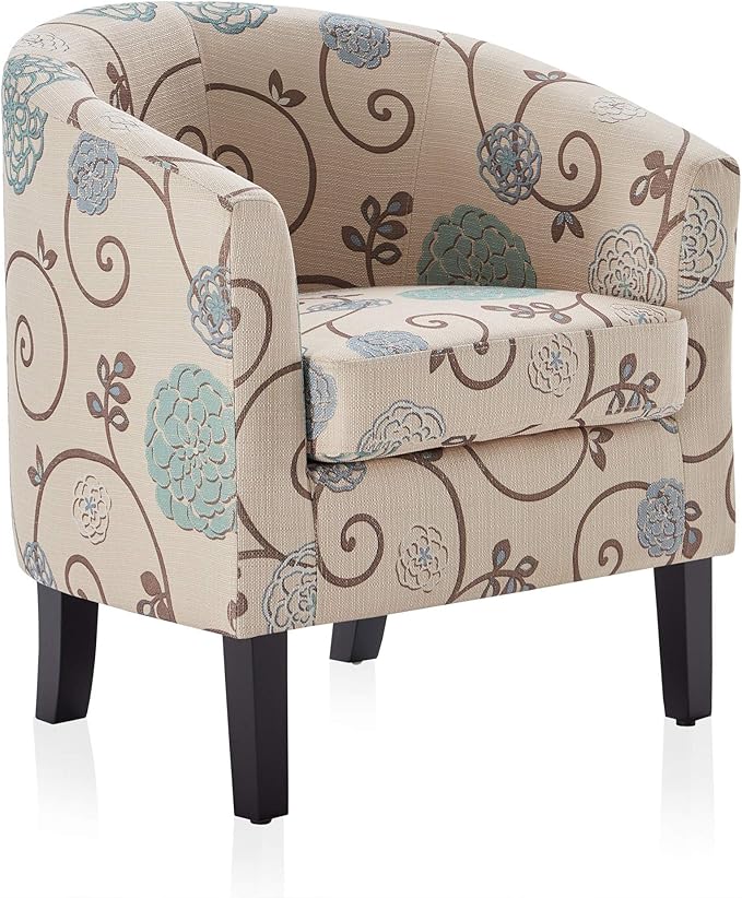 BELLEZE Living Room Chair, Linen Round Accent Barrel Chair, Club Tub Sofa Chair for Bedroom, Corner Chair with Flared Legs and Cozy Soft Padding - Highland (Floral Print)