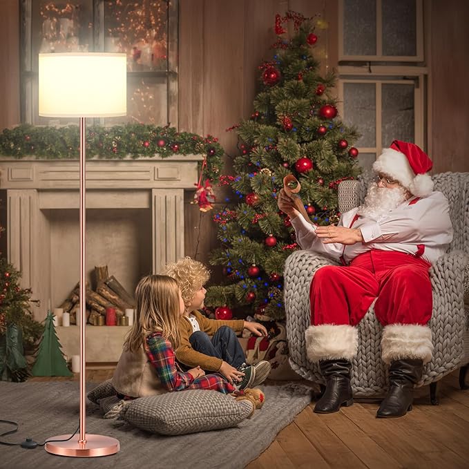 Ambimall 60'' Modern Floor Lamp with Shade, Tall Lamps for Living Room, Bedroom, Office, Dining Room, White Shade with Rose Gold Pole(Without Bulb)