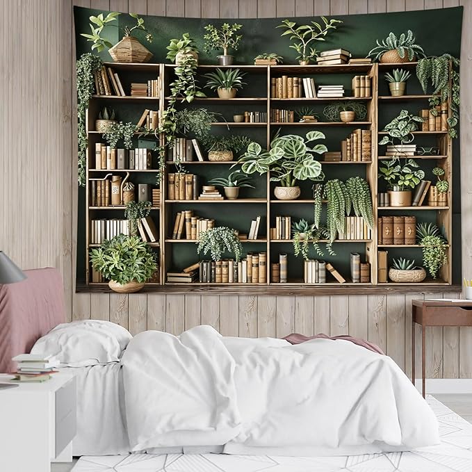 HVEST Green Plant Bookshelf Tapestry Book on Bookshelf and Plant Potted Tapestry Wall Hanging Reading Wall Decor for Study Room Bedroom Living Room College Dorm, 60L x 80W Inches