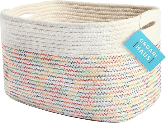 OrganiHaus Woven Storage Baskets for Organizing, Cotton Rope Organizer Bins for Shelves, Closet & Nursery, Dog Toy Basket, Decorative Bins for Toys, Towels & Books - 15x10x9, Rainbow Stitches