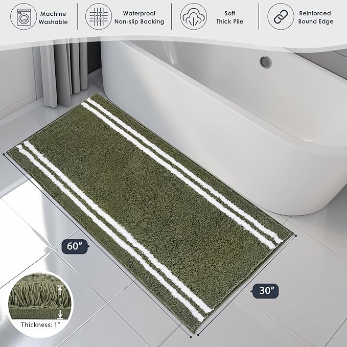 PURRUGS Bathroom Rug Non-Slip Machine Washable 30" x 60", Super Absorbent and Quick Dry Shaggy Microfiber Bath Mat, Extra Soft and Plush Bath Rug for Bathtub, Shower and Sink, Olive Green