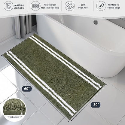 PURRUGS Bathroom Rug Non-Slip Machine Washable 30" x 60", Super Absorbent and Quick Dry Shaggy Microfiber Bath Mat, Extra Soft and Plush Bath Rug for Bathtub, Shower and Sink, Olive Green