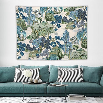Chinoiserie Tapestry,Asian Watercolor Abstract Art Tapestry,Asian Japanese Wall Tapestry, Nature Landscape Tapestries for Bedroom Living Room Decor 80"x60"