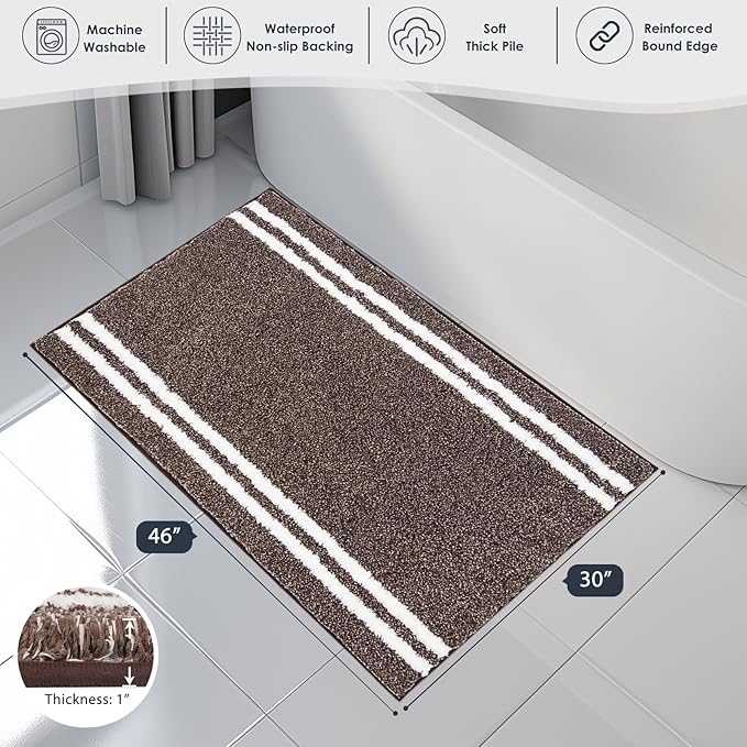 PURRUGS Bathroom Rug Non-Slip Machine Washable 30" x 46", Super Absorbent and Quick Dry Shaggy Microfiber Bath Mat, Extra Soft and Plush Bath Rug for Bathtub, Shower and Sink, Brown