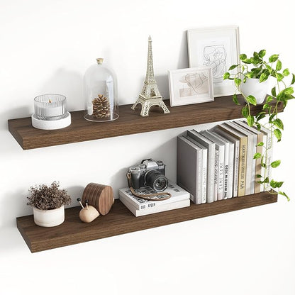 36 Inch Floating Shelves, 8 Inch Deep Floating Shelves for Wall, Hanging Shelf with Invisible Brackets, Deep Shelves for Bathroom, Bedroom, Living Room, Walnut, Set of 2