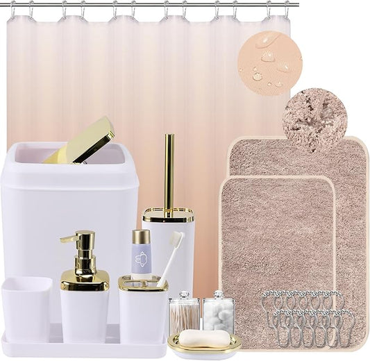 Bathroom Accessory Set–Bathroom Set with Shower Curtain and Rugs, No Slip Bathroom Rugs Super Absorbent,White Ombre Waterproof Shower Curtain with Hooks, White Bathroom Sets Complete for Home