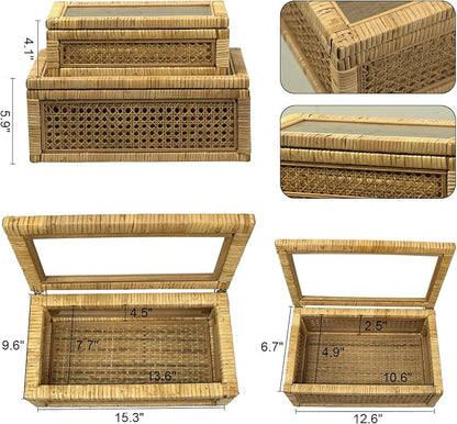 Rattan Box for Home Decor with Lid - Rectangular Coastal Bohemian Style Stackable Decorative Storage Box Set - Handmade from Natural Rattan, Cedar & Real Glass