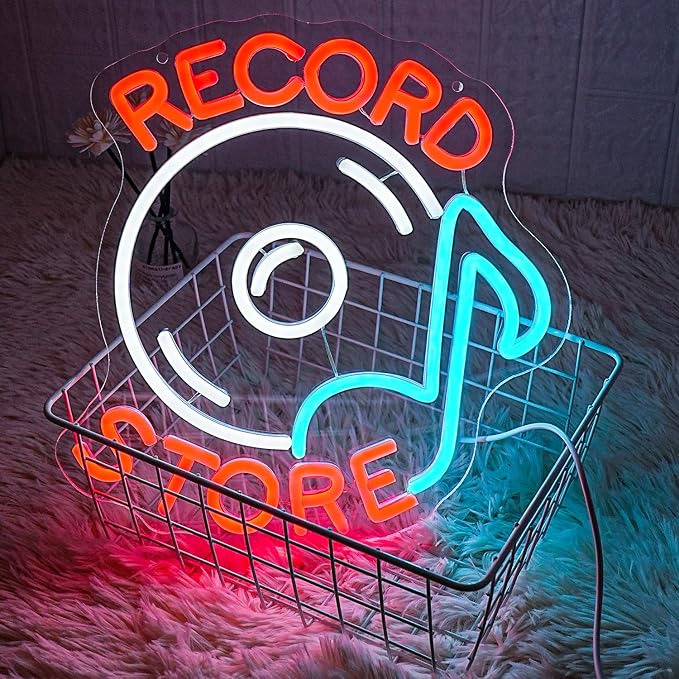 Record Store Neon Sign Music Neon Signs for Wall Decor Letter Neon Light Record Player Sign Live Music Neon Light Sign for Bar Concern Studio Decor(Red white)