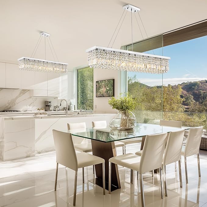Rectangle K9 Crystal Chandelier,10 Lights Modern Rectangular Hanging Ceiling Pendant Light Fixture for Dining Room Kitchen Island,Polished Chrome Finish L47''xW10''xH10''