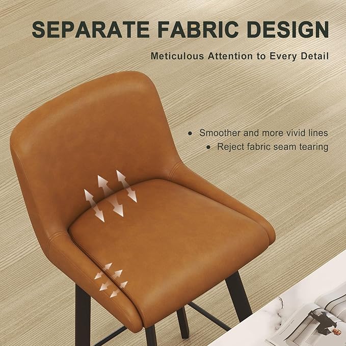 Swivel Counter Height Bar Stools Set of 2, 26''H Upholstered Barstools with Backs, Modern Bar Stool Chairs for Kitchen Island, Metal Legs, Faux Leather, Whiskey Brown Stools Counter Chair