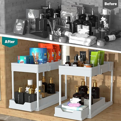 Cabinet, 2 Pack Under Sink Organizer, 2 Tier Sliding Bathroom Kitchen Organizer, Large White ABS Baskets, Easy Install & Clean