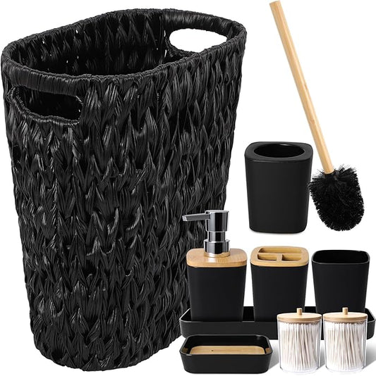 Black Bathroom Accessories Set with Wicker Trash Can, Black Bathroom Accessories Set Bathroom Sets Small Waste Basket Bathroom Trash Can for Bedroom Bathroom