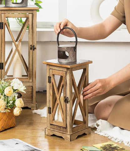 TIMRIS Large Farmhouse Wooden Candle Lantern Set of 2, Rustic Floor Candle Lanterns with Drawer, Vintage Hurricane Lantern Holder for Indoor Outdoor Decor (No Glass)