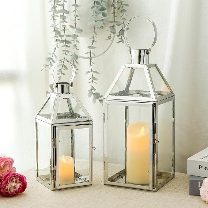 TRIROCKS Set of 2 Stainless Steel Decorative Lanterns 13"&10" H Metal Candle Holders with Tempered Glass for Home Decor Living Room Parties Events Tabletop Indoors Outdoors(Silver)