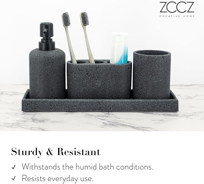 ZCCZ - Black Bathroom Accessories Set 4 Pcs - Toothbrush Holder, Soap Dispenser, Vanity Tray, Bathroom Tumbler - Countertop Vanity Organizer - Bathroom Accessory Set- Toothbrush Holder Set, Stone Sets