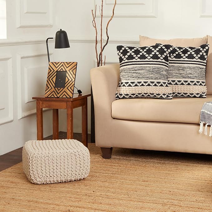 REDEARTH · Cube Low Pouf Foot Stool Ottoman - Hand Knitted Poof - Cord Boho Pouffe - Home Décor - Stuffed Footrest for Living Room - Nursery - Bedroom - Covered Patio - Room (16" x 16" x 8") - Ivory