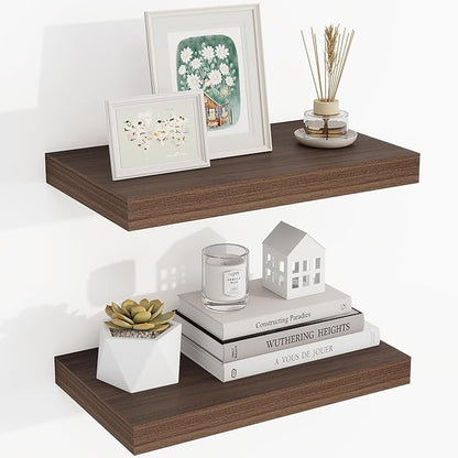 16 Inch Floating Shelves, 16"x9.25"x1.5" Inch Deep Floating Shelves for Wall, Wooden Shelves for Bathroom, Bedroom, Living Room, Walnut, 2 Pieces