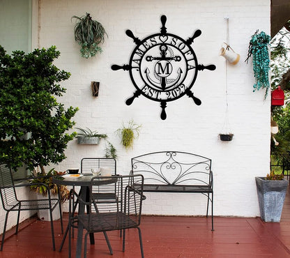 Personalized Ship Wheel Metal Sign, Customized Nautical Wall Decor, Anchor Compass Metal Sign, Family Name Sign, Monogram Wall Decor, Last Name Signs for Home, Housewarming Gift