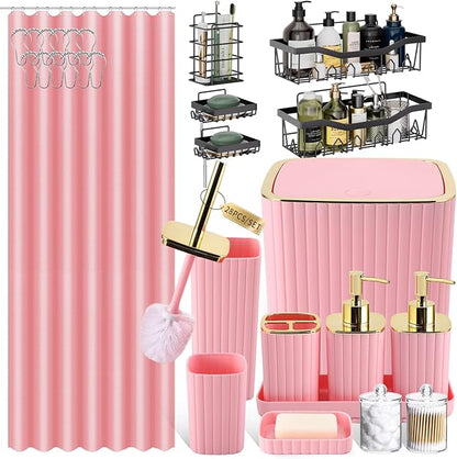 28PC Bathroom Set - Gorgeous Pink Bathroom Set, Bathroom Accessory Set, Pink Shower Curtain Set with 5PC Shower Caddy