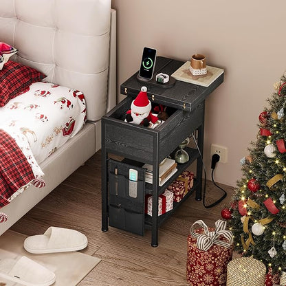 End Table with Charging Station, Flip Top Nightstand with USB Ports and Outlets,Couch Side Table with Fabric Bag and Hooks, Bedside Table for Space Saving, Living Room, Bedroom (Black)