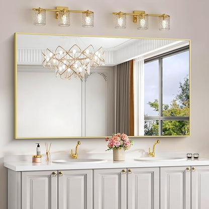 30x55In Gold Bathroom Mirror for Wall, Brushed Gold Rectangle Mirrors with Metal Frame, Bathroom Rectangular Mirror Modern Wall Mirror for Bedroom Living Room, Hangs Horizontal or Vertical